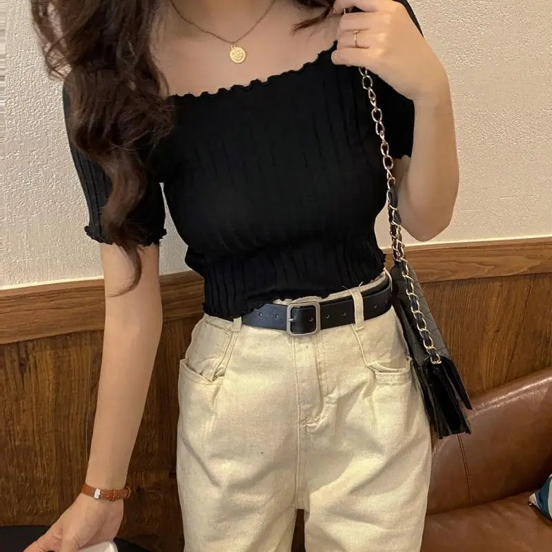 Off The Shoulder Knitted Short Sleeve Top