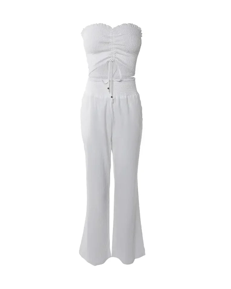 White Drawstring Bandeau Top & High Waist Pant Set