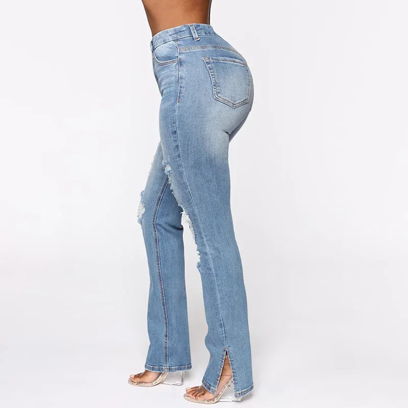 Split Ankle Ripped Blue Jeans