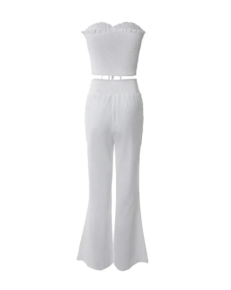 White Drawstring Bandeau Top & High Waist Pant Set