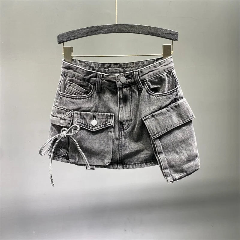 Irregular Pocket Cargo Denim Skirt