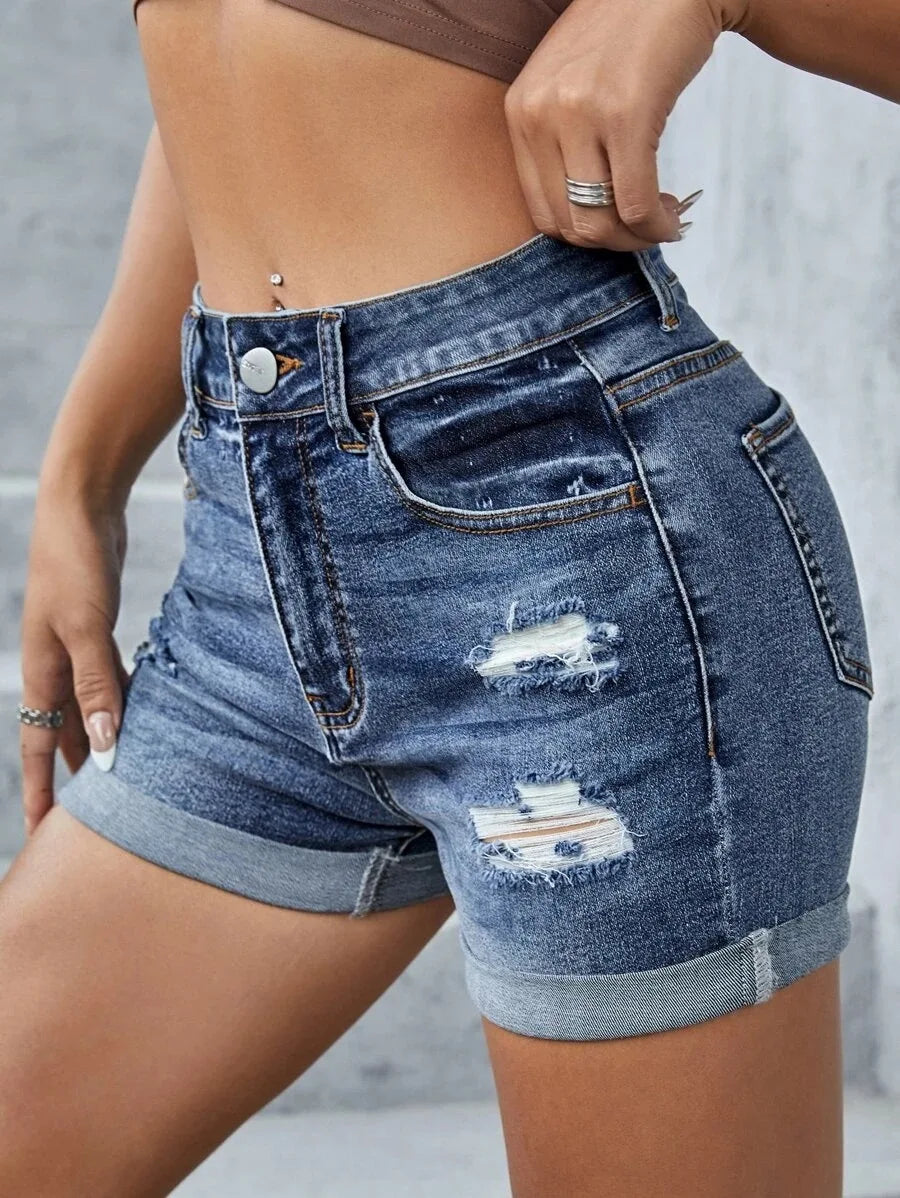 Mid-Waist Rolled Leg Denim Shorts