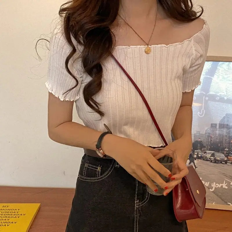 Off The Shoulder Knitted Short Sleeve Top