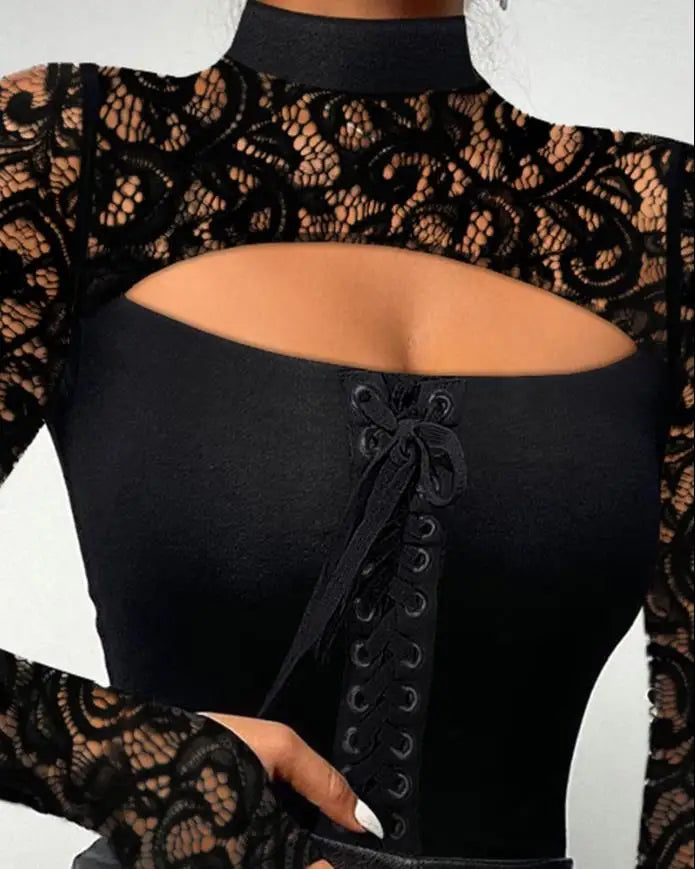 Mock Neck Lace Cutout Long Sleeve Top