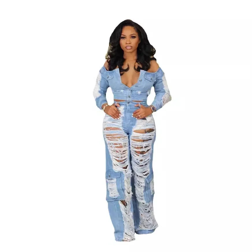 Long Sleeve Distressed Denim Set