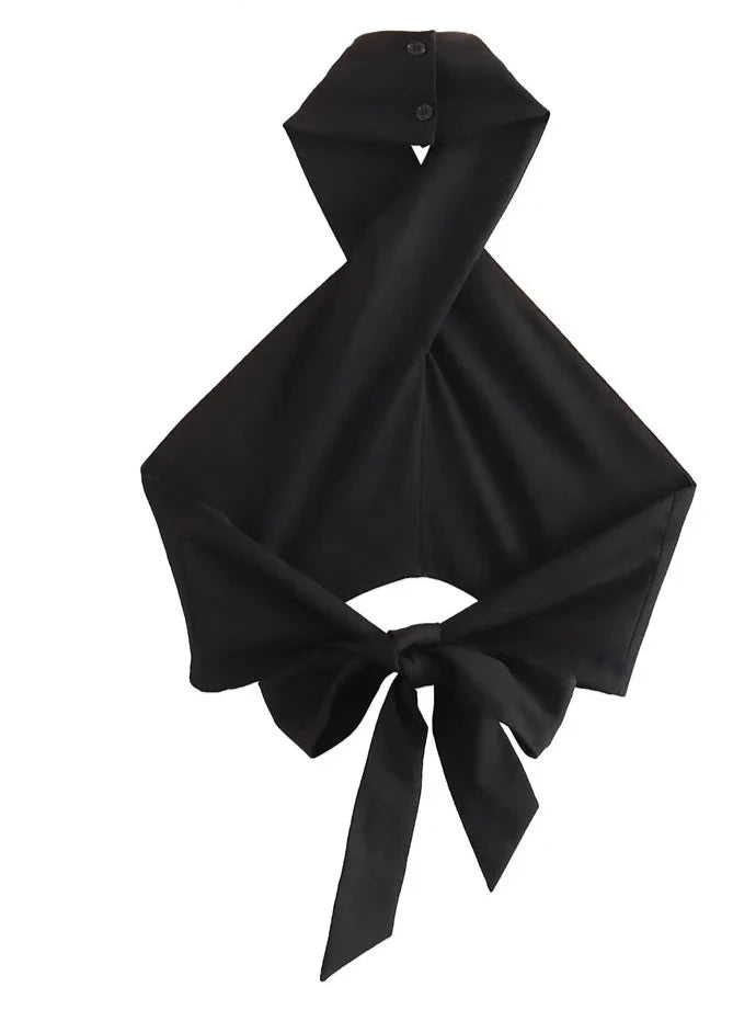 Sleeveless Backless Bow Tied Black Halter Blouse