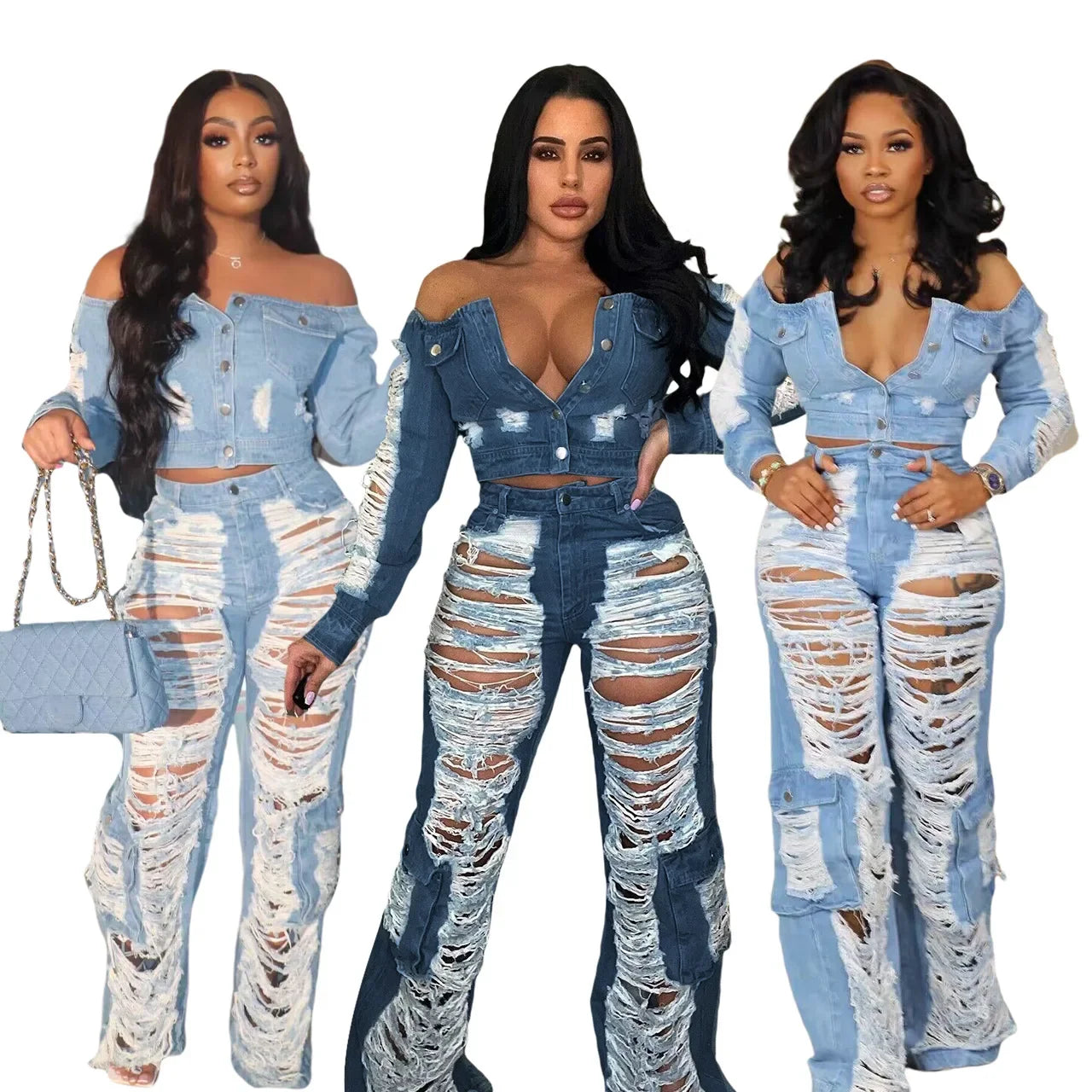 Long Sleeve Distressed Denim Set