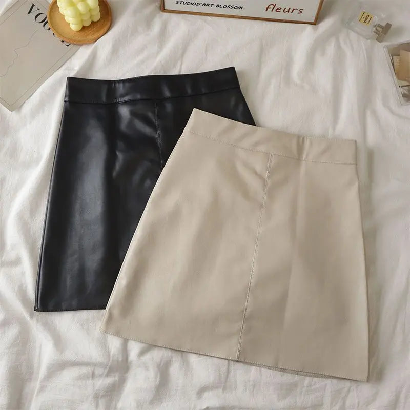 Zipper Solid Faux Leather Skirt