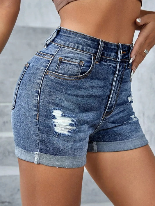 Mid-Waist Rolled Leg Denim Shorts