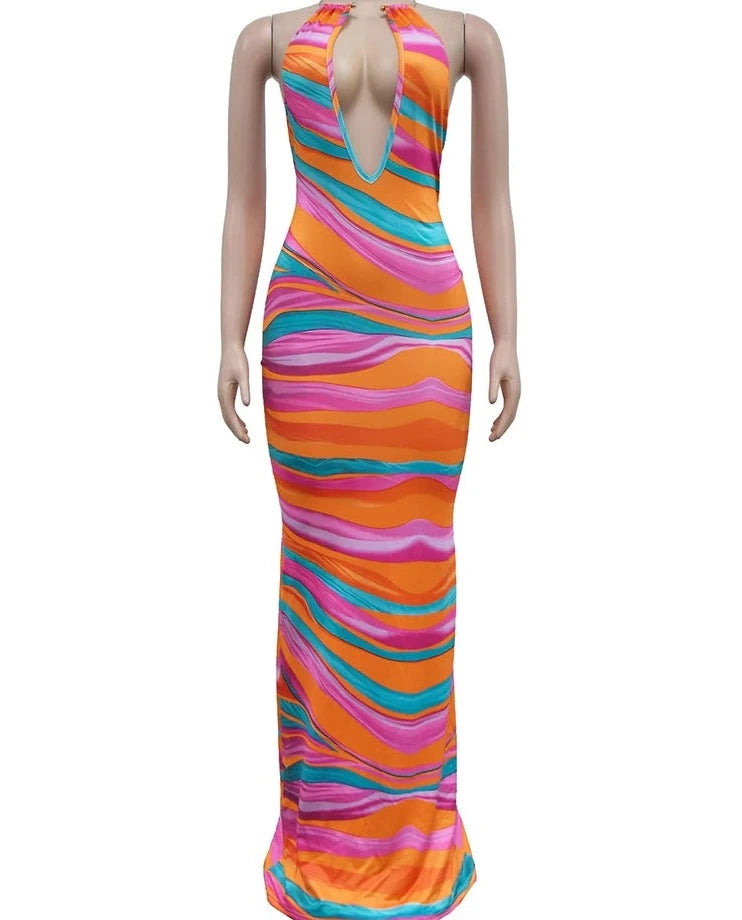 Candy Stripe Print V-neck Halter Backless Bodycon Dress