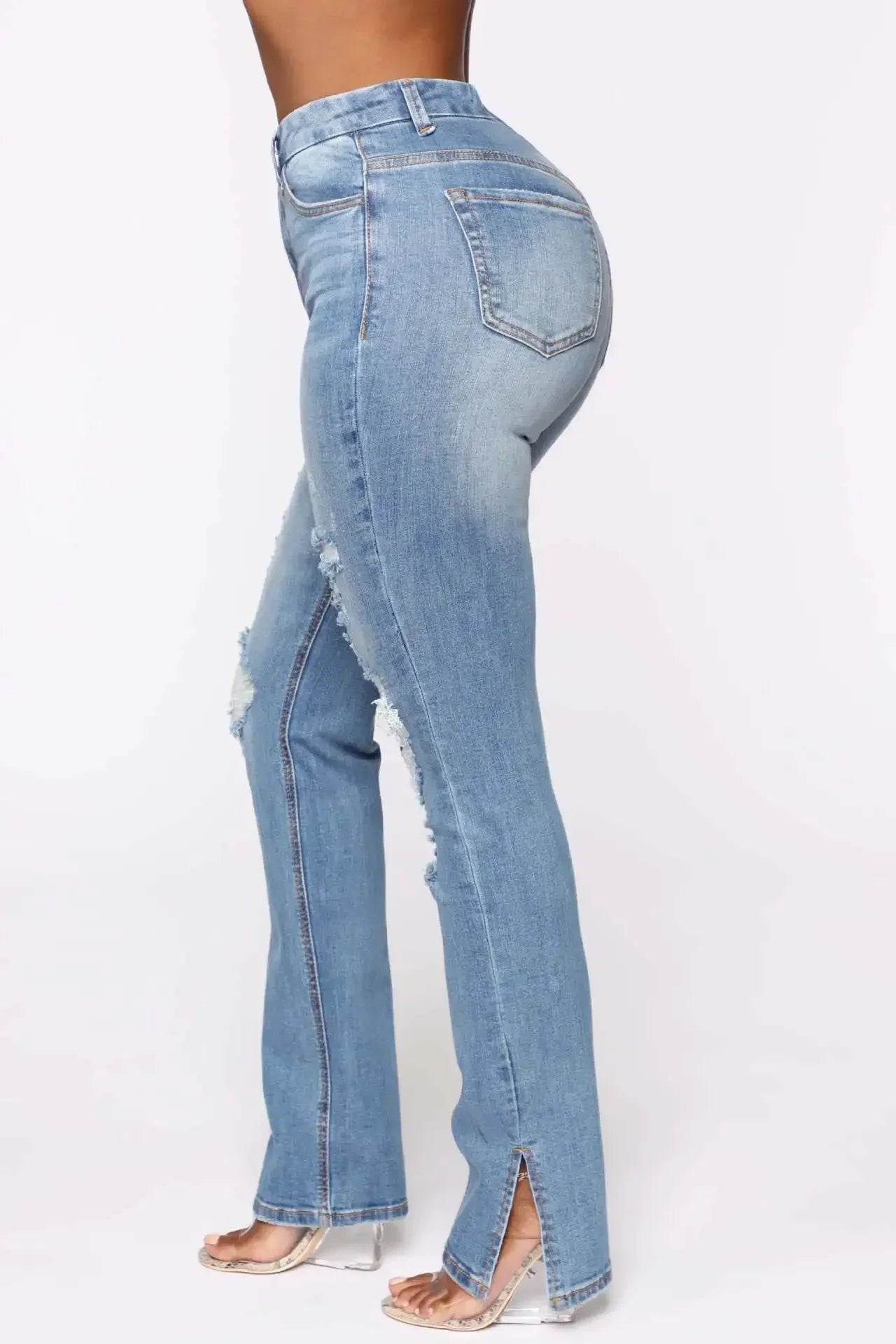 Split Ankle Ripped Blue Jeans