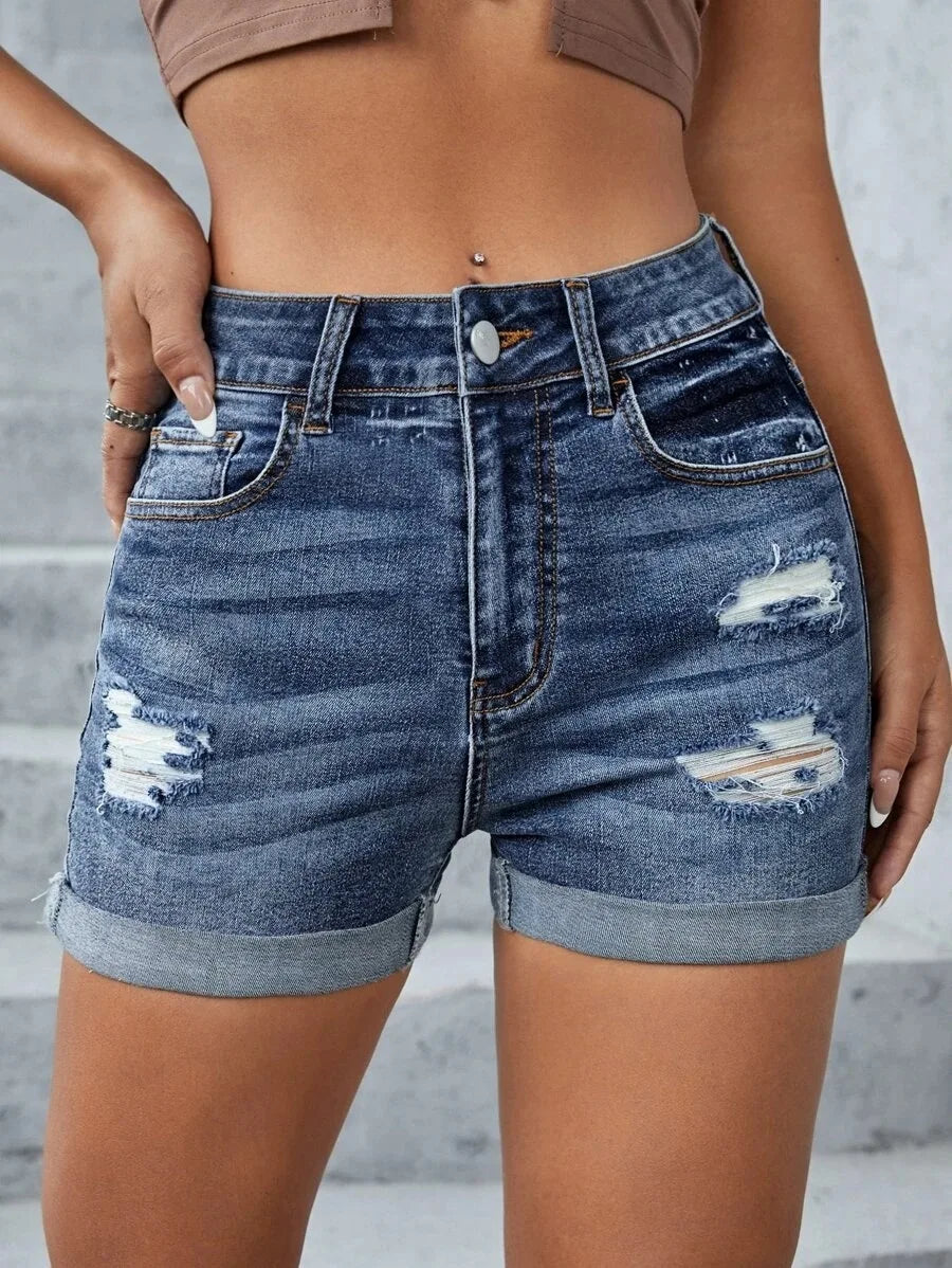 Mid-Waist Rolled Leg Denim Shorts