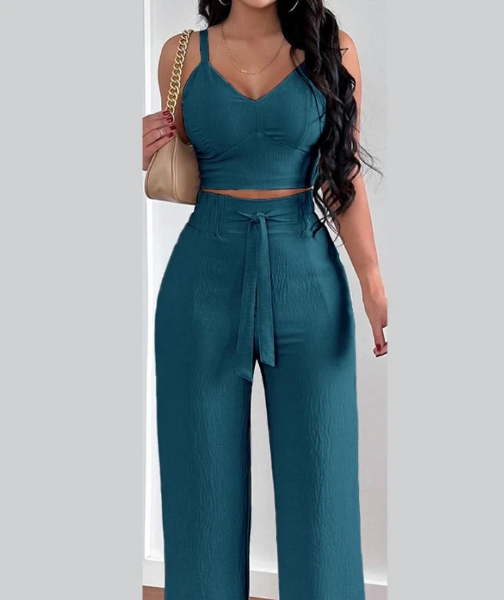 V-Neck Sleeveless Shirred Crop Top & Wide Leg Pant Set