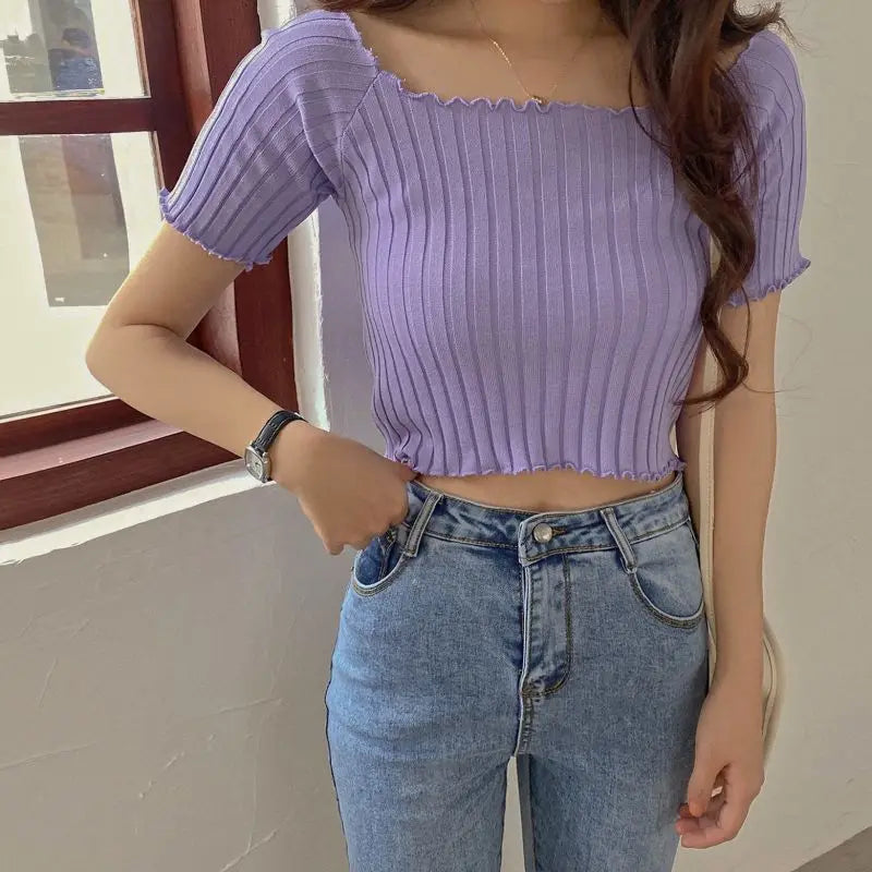 Off The Shoulder Knitted Short Sleeve Top