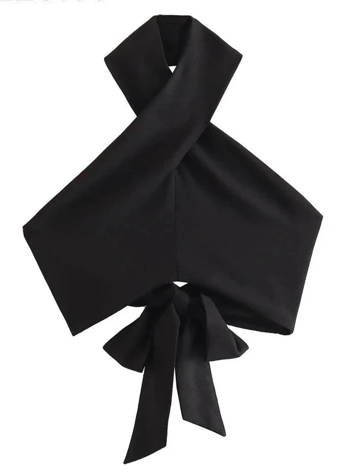 Sleeveless Backless Bow Tied Black Halter Blouse