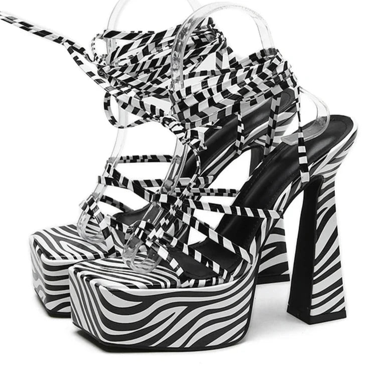 Zebra Pattern Lace Up Chunky Heels