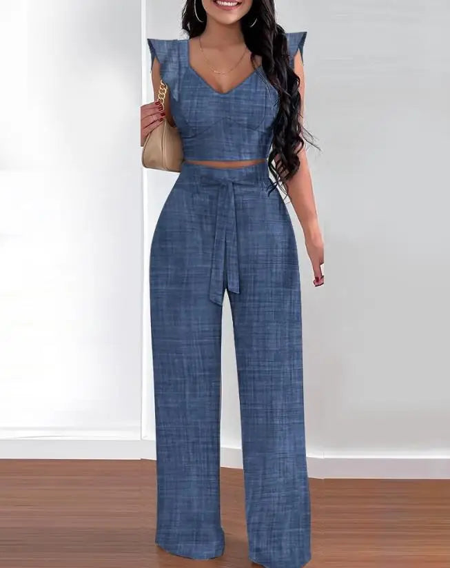 V-Neck Sleeveless Shirred Crop Top & Wide Leg Pant Set