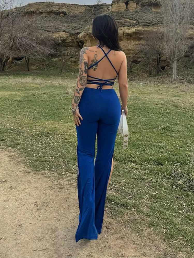 Split Leg Halter Backless Jumpsuit