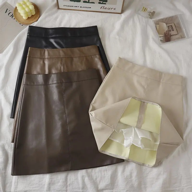 Zipper Solid Faux Leather Skirt