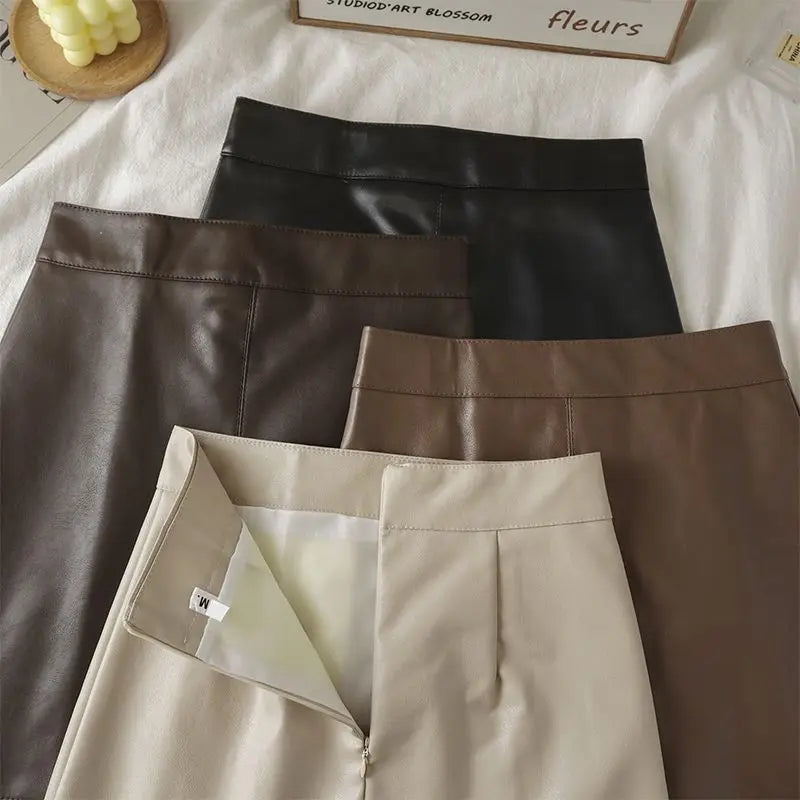 Zipper Solid Faux Leather Skirt