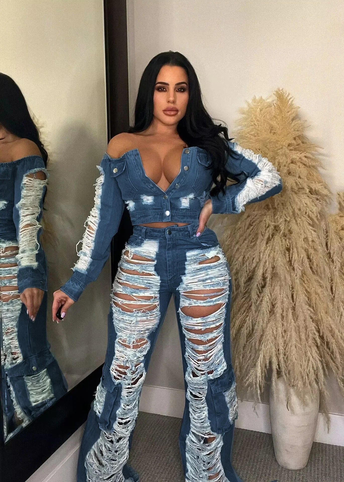 Long Sleeve Distressed Denim Set