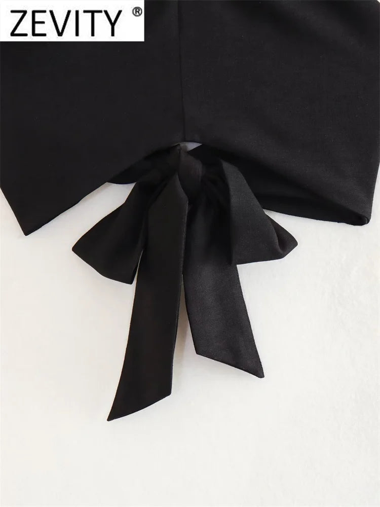 Sleeveless Backless Bow Tied Black Halter Blouse