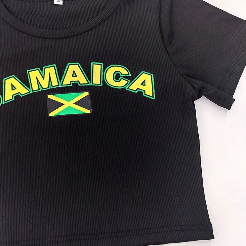 Black Jamaica Letter Print Short Sleeve Casual Crop Top