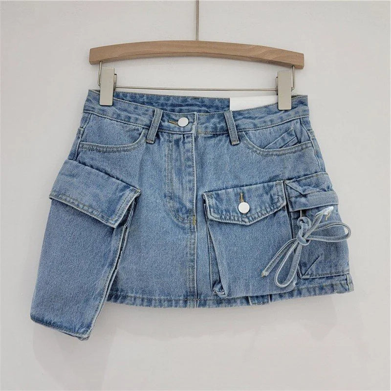 Irregular Pocket Cargo Denim Skirt