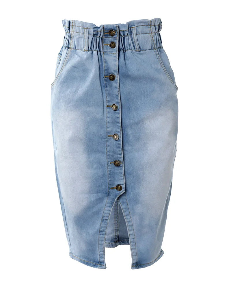 Button Down High Waist Washed Denim Skirt