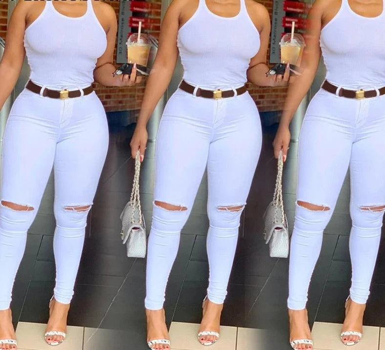 White High Stretch Ripped Knee Pants