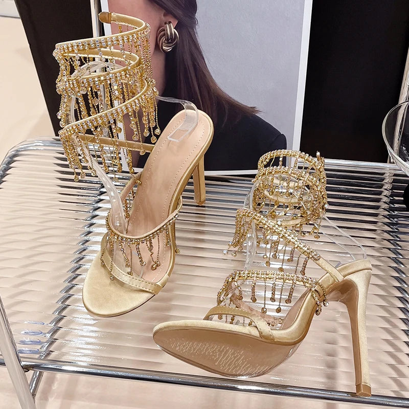 Gold Rhinestone Crystal Peep Toe Heel